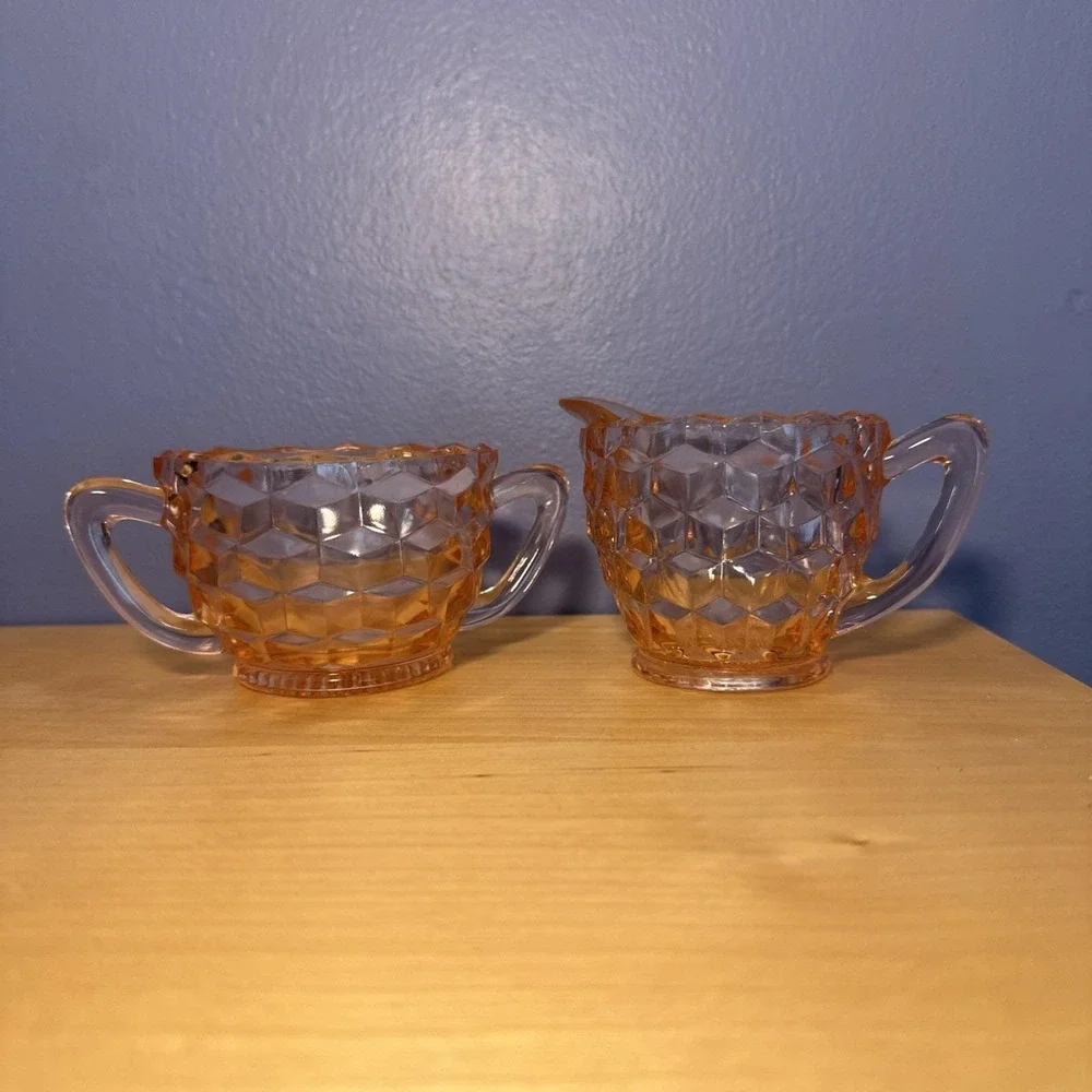 Fostoria American Pressed Glass Pink Creamer/ Milk and Sugar Bowl For Tea Coffee